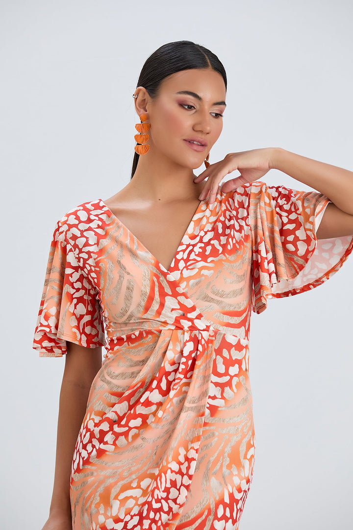 Angel Sleeve Wrap Style Midi Dress in Orange Animal print - jqwholesale.com