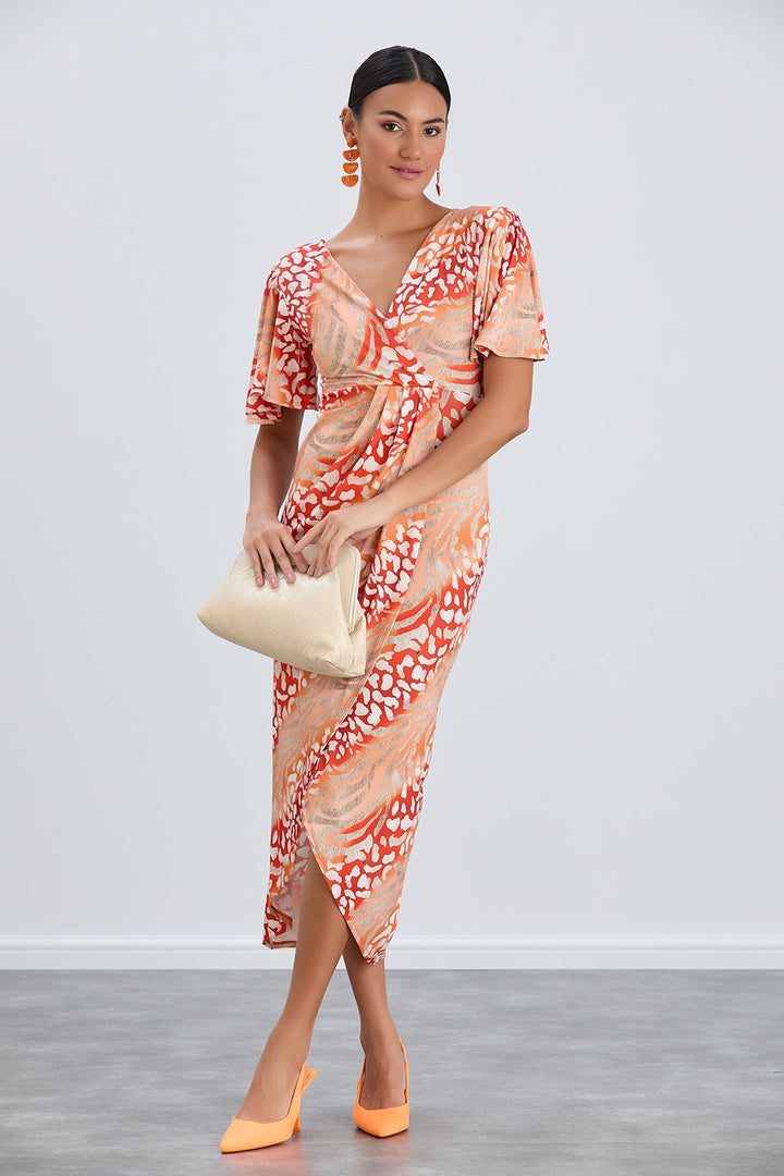 Flirty Flutter Sleeve Wrap Midi Dress in Orange Animal Print - jqwholesale.com