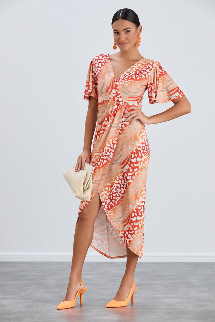 Flirty Flutter Sleeve Wrap Midi Dress in Orange Animal Print - jqwholesale.com