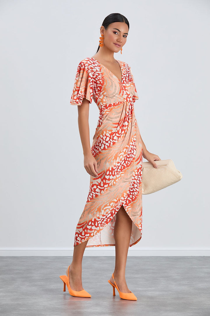 Flirty Flutter Sleeve Wrap Midi Dress in Orange Animal Print - jqwholesale.com