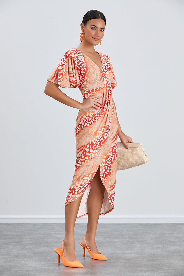 Angel Sleeve Wrap Style Midi Dress in Orange Animal print - jqwholesale.com