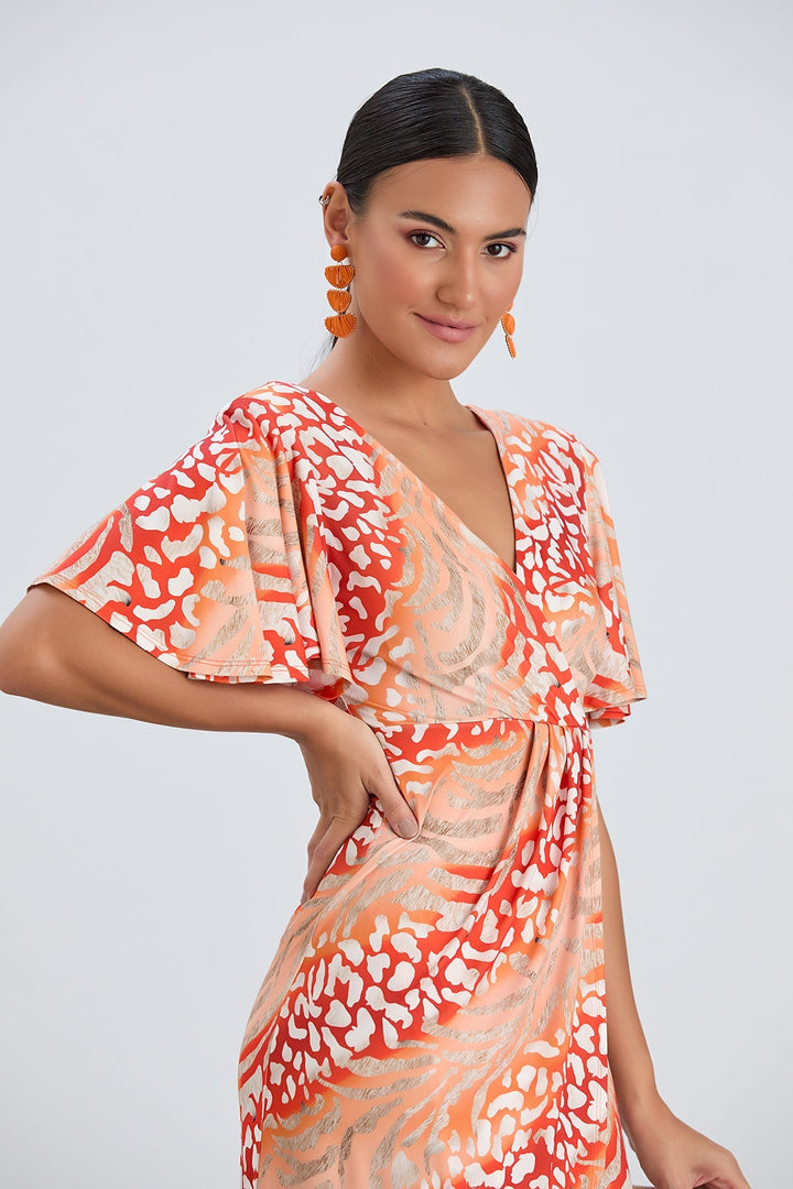Flirty Flutter Sleeve Wrap Midi Dress in Orange Animal Print - jqwholesale.com