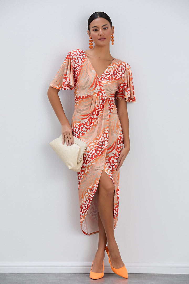 Flirty Flutter Sleeve Wrap Midi Dress in Orange Animal Print - jqwholesale.com