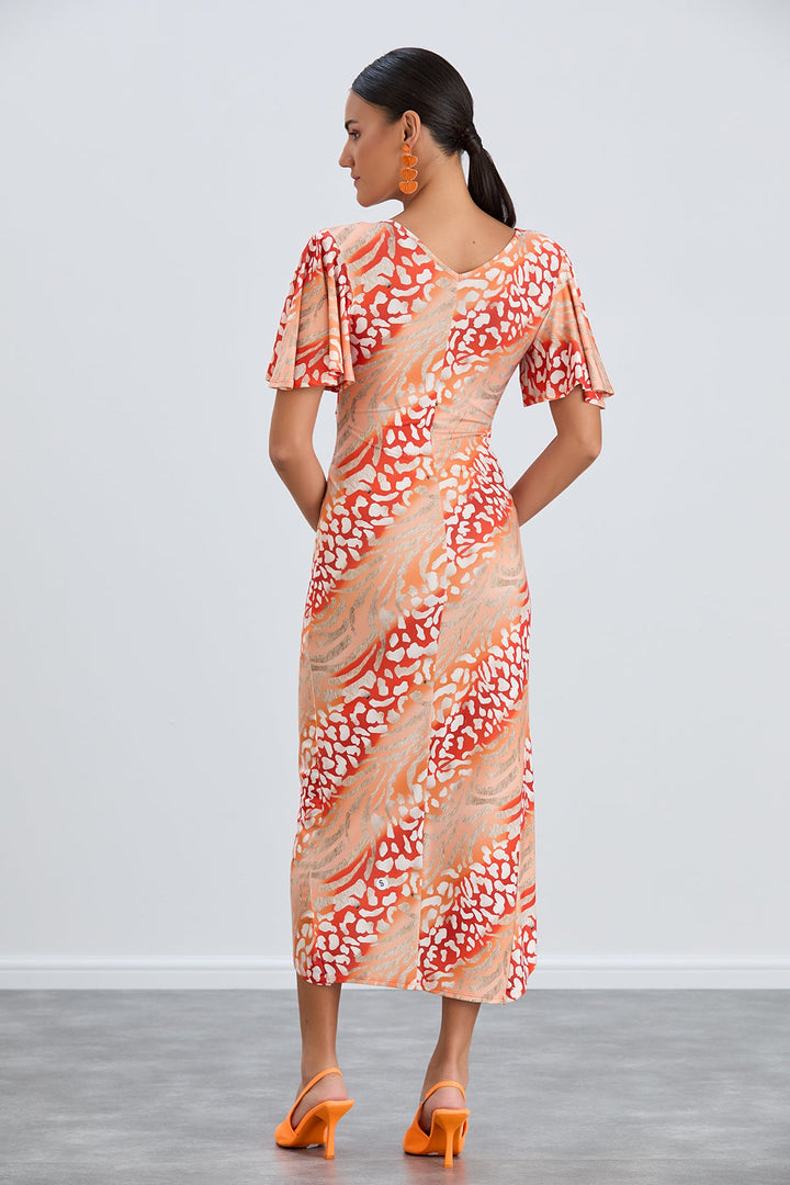 Angel Sleeve Wrap Style Midi Dress in Orange Animal print - jqwholesale.com