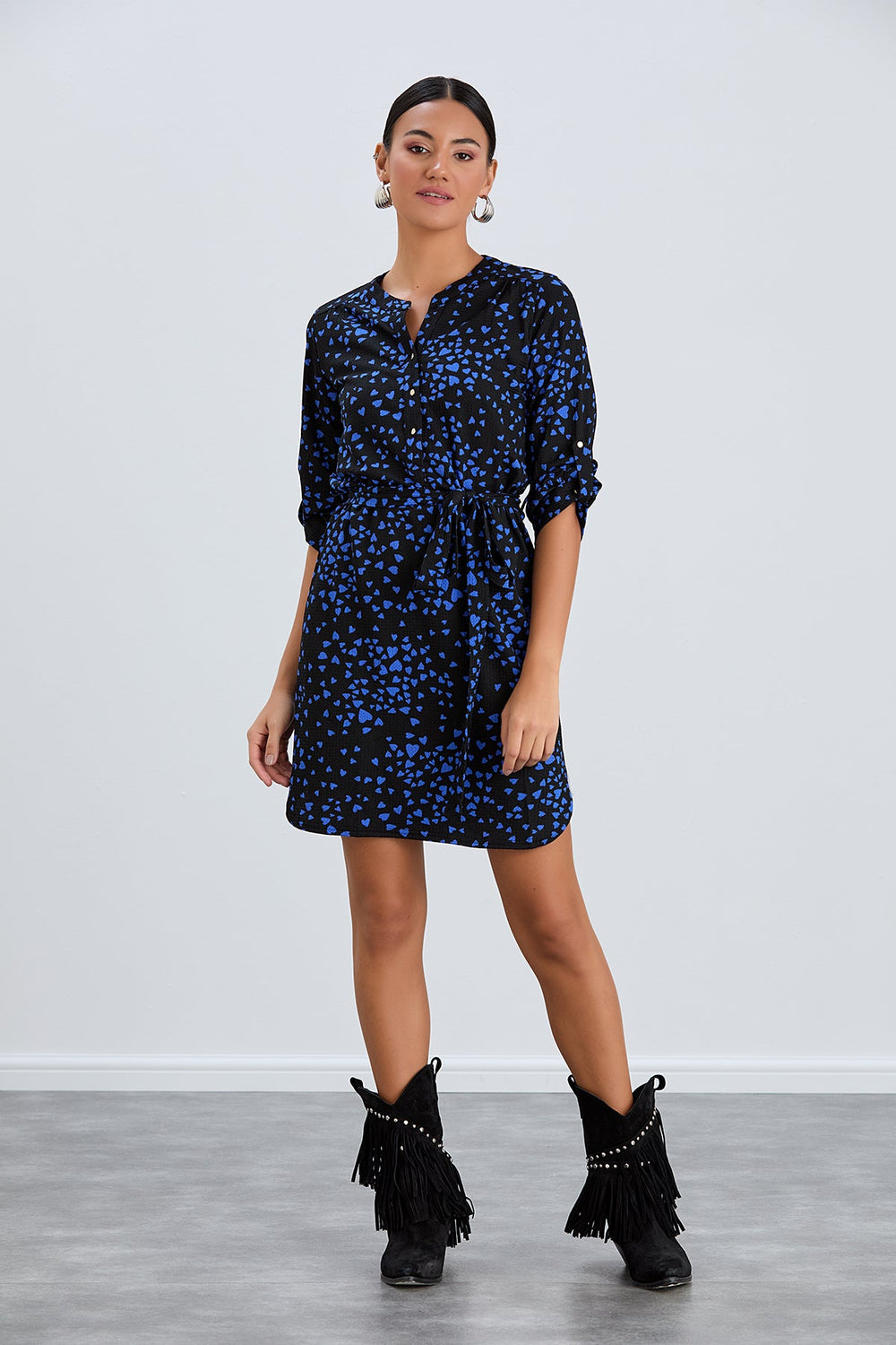 Shirt Mini Dress in Black/Blue heart print - jqwholesale.com