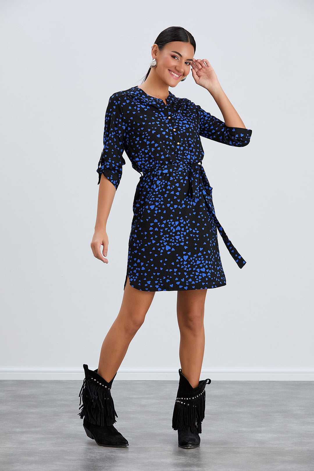 Shirt Mini Dress in Black/Blue heart print - jqwholesale.com
