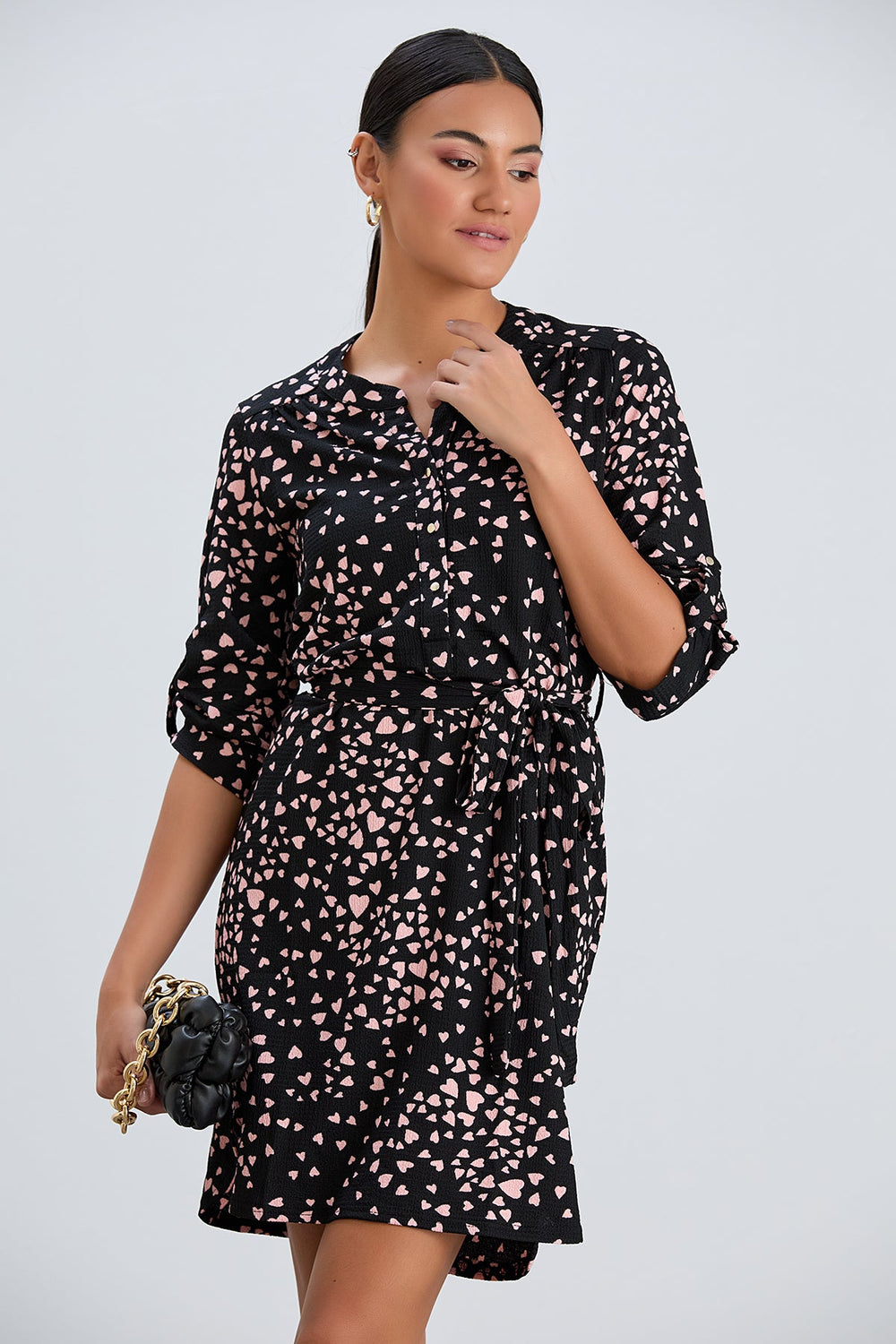 Shirt Mini Dress in Black/Pink heart print - jqwholesale.com
