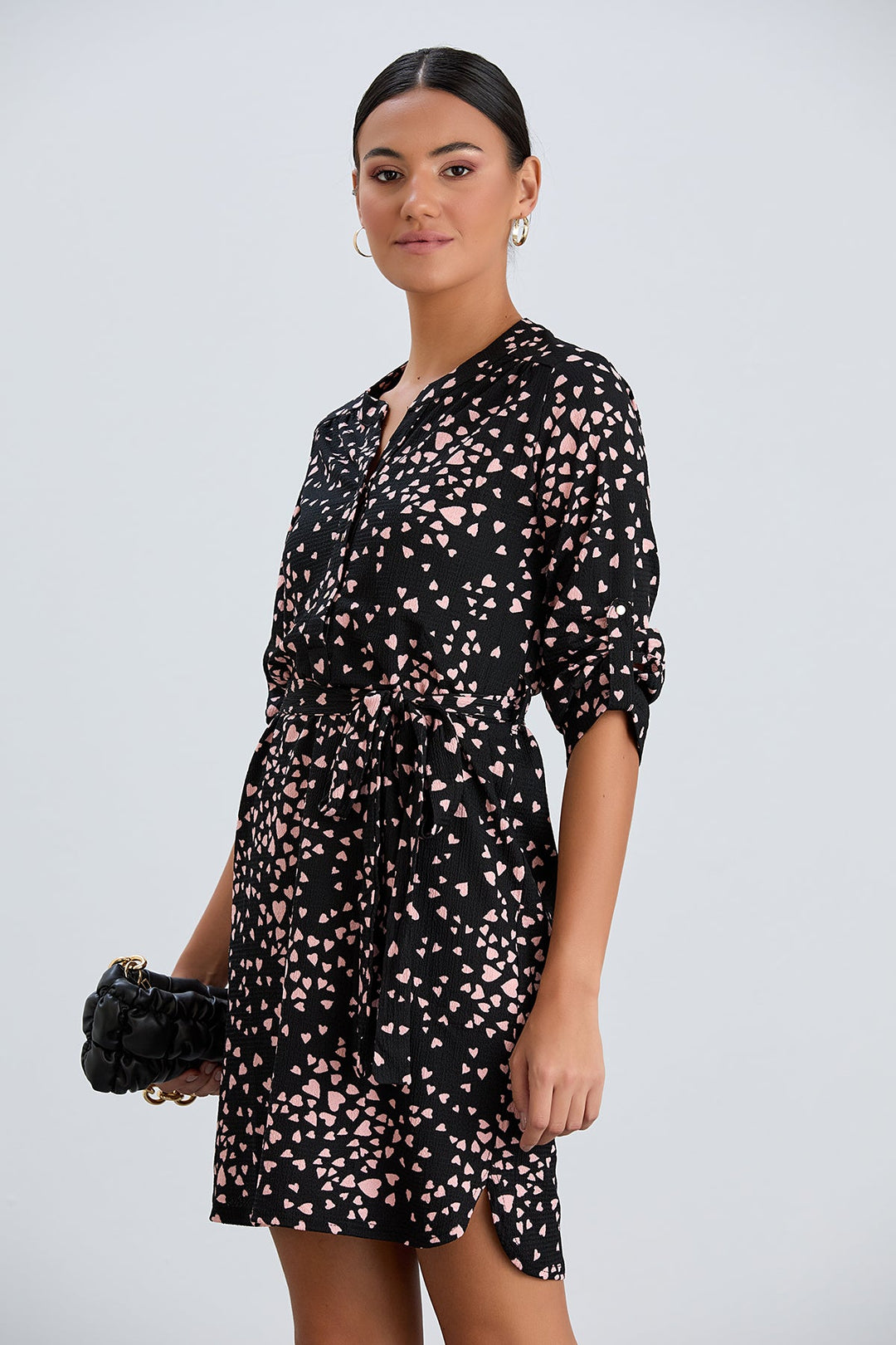 Shirt Mini Dress in Black/Pink heart print - jqwholesale.com