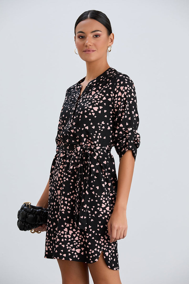 Shirt Mini Dress in Black/Pink heart print - jqwholesale.com