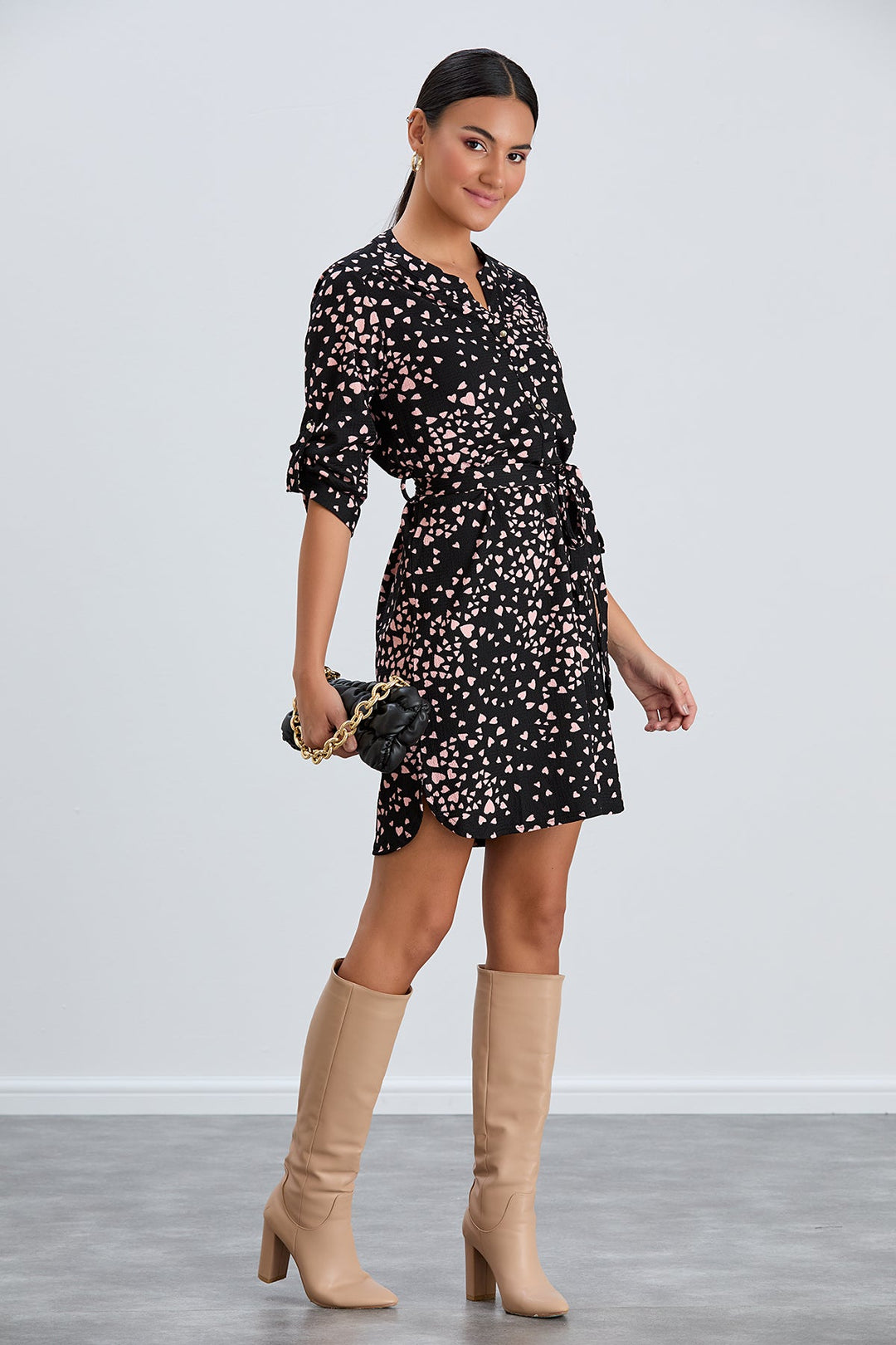 Shirt Mini Dress in Black/Pink heart print - jqwholesale.com