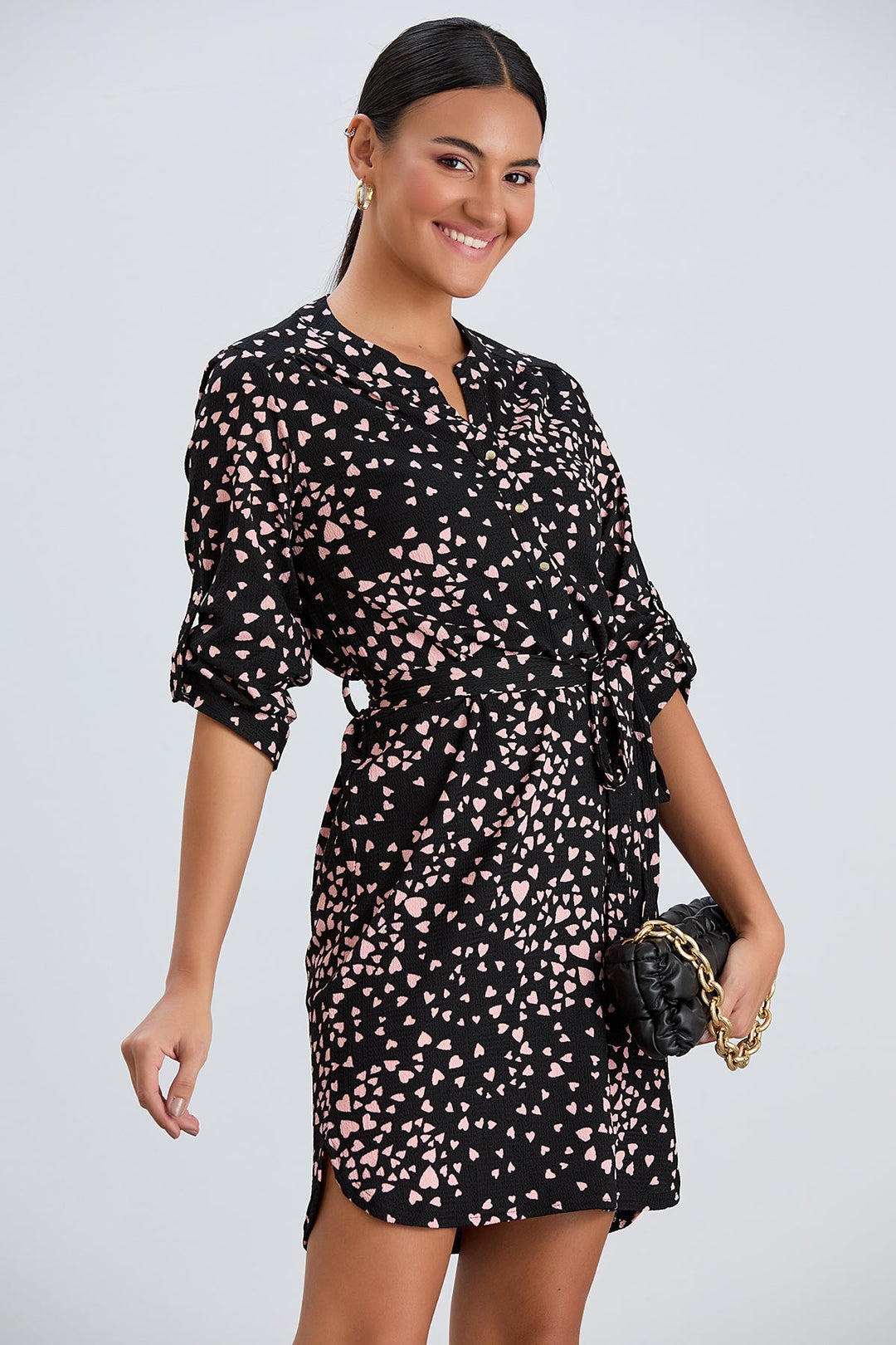 Shirt Mini Dress in Black/Pink heart print - jqwholesale.com