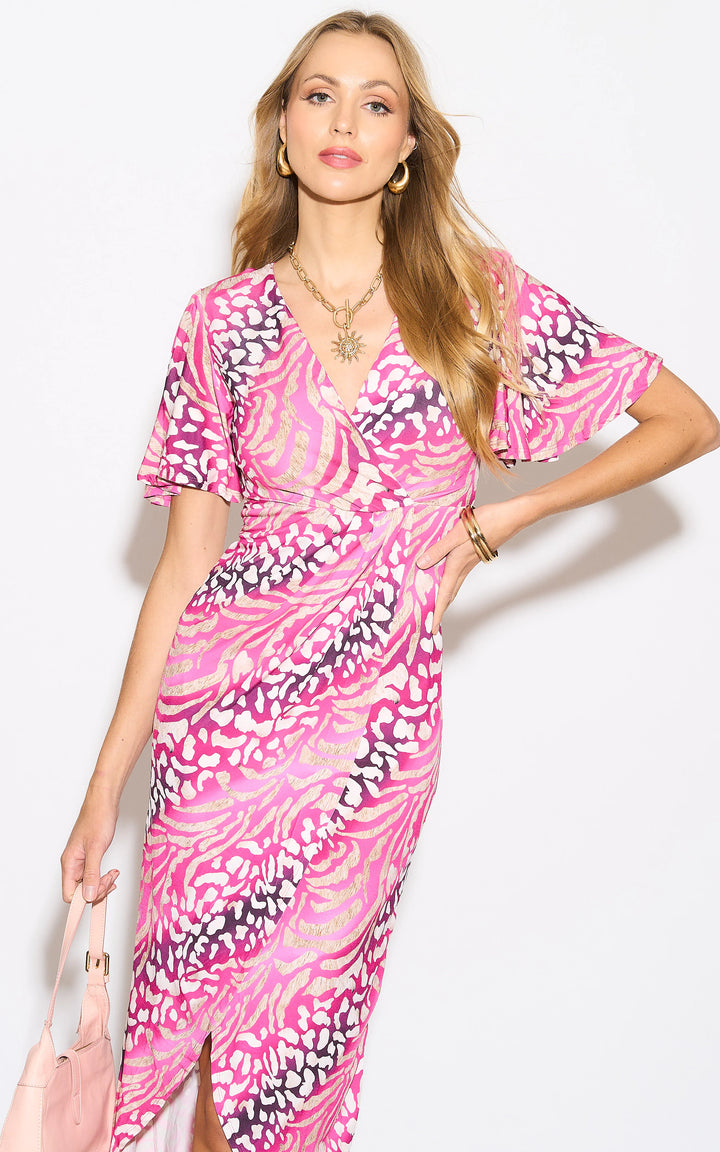 Angel Sleeve Wrap Style Midi Dress in Fuchsia Animal print - jqwholesale.com