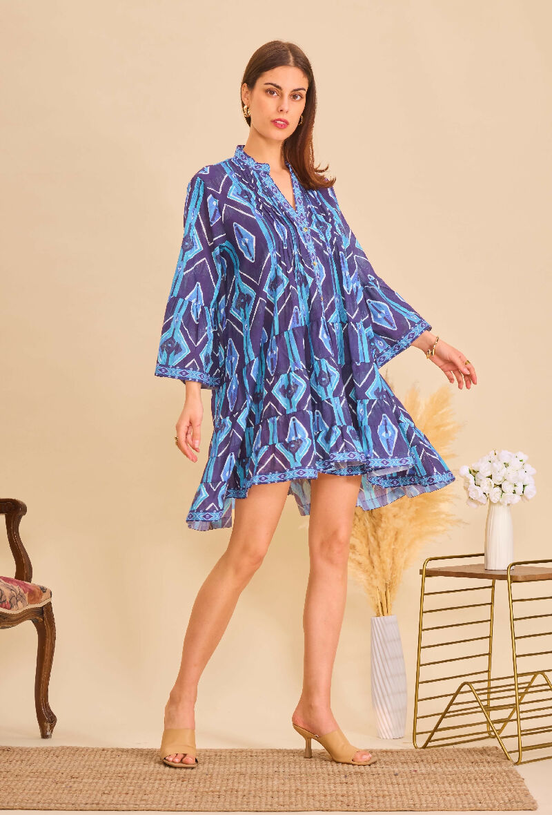 Short A-line dress in printed cotton- Navy