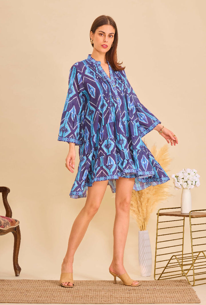 Short A-line dress in printed cotton- Navy