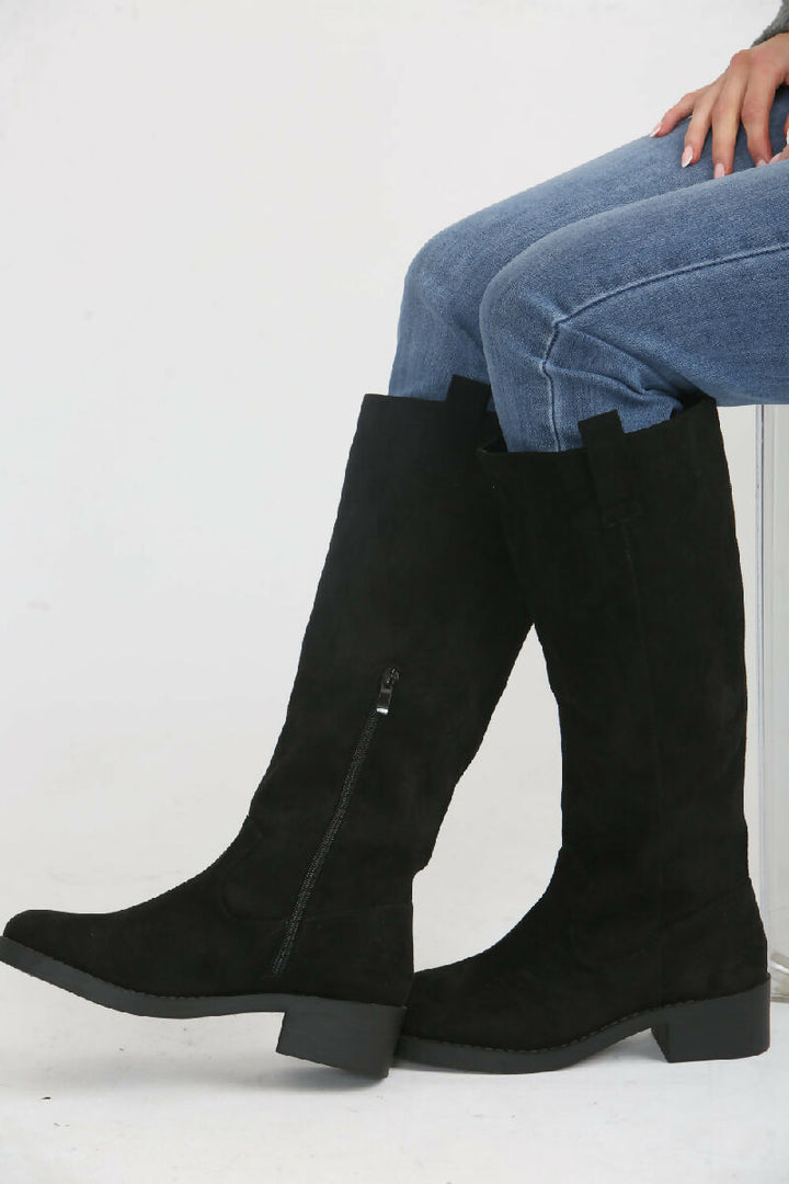 Black Suede Designer Knee High Flat Boot (PACK OF 12 PAIRS UK3-UK8)