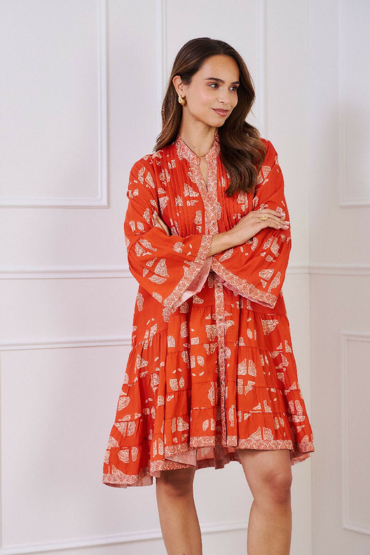 Short A-line dress in printed cotton- Orange