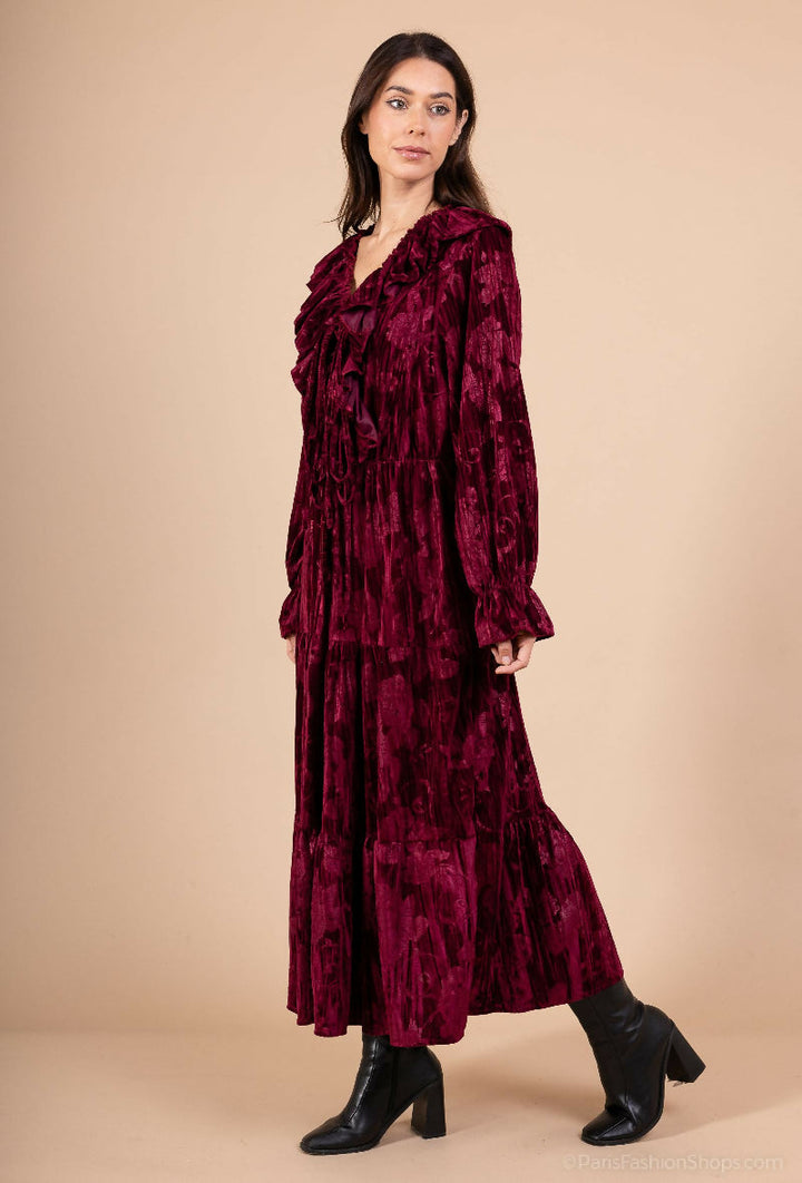 Long Pleated Velvet Ruffle Dress