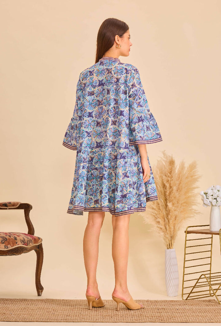 Short A-line dress in printed cotton- Blue