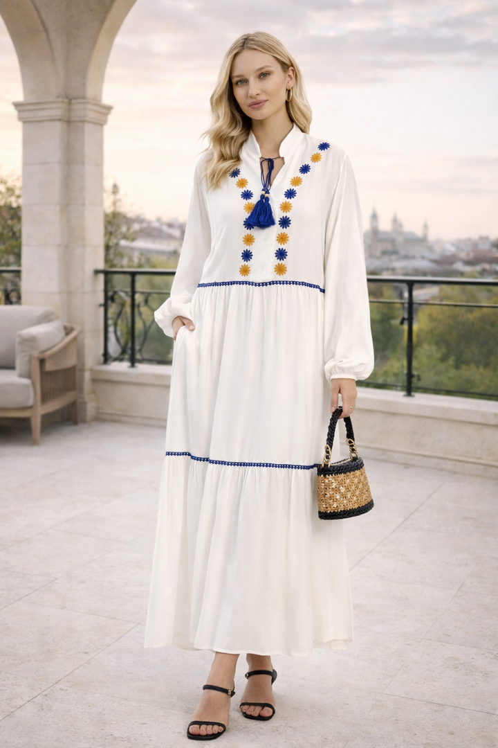 Embroidered Maxi Dress with Tassel Tie in White