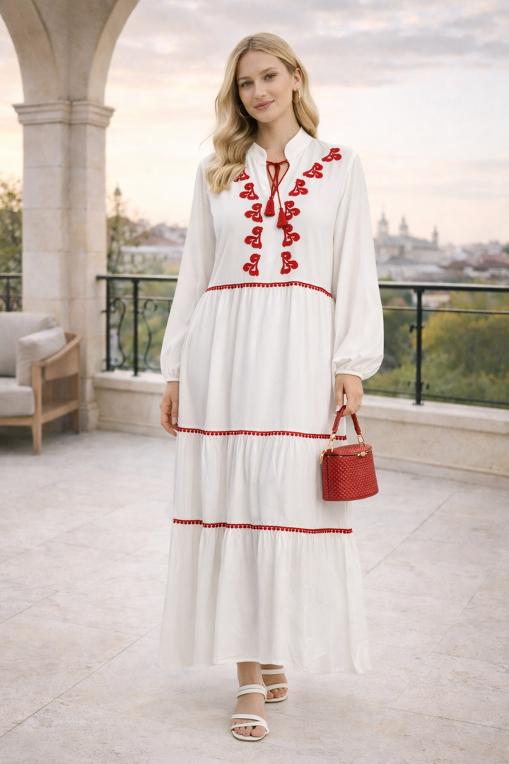 Embroidered Tiered Maxi Dress with Tassel Detail in White
