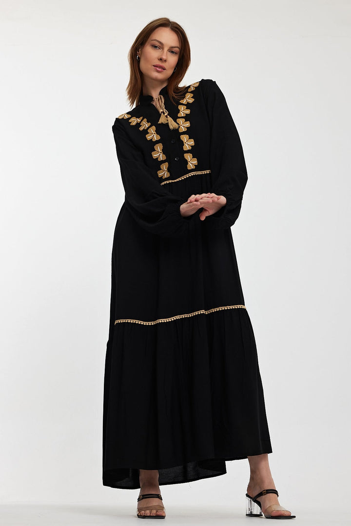 Embroidered Tiered Maxi Dress with Tassel Detail in Black