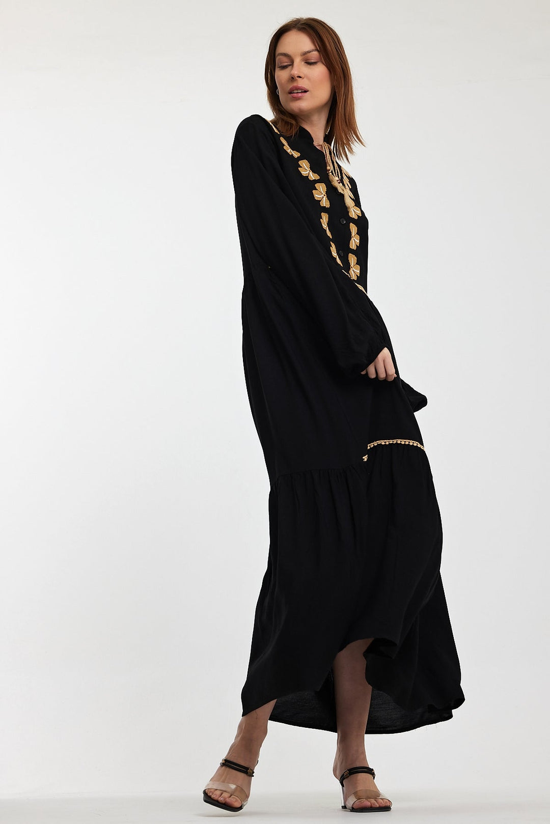 Embroidered Tiered Maxi Dress with Tassel Detail in Black