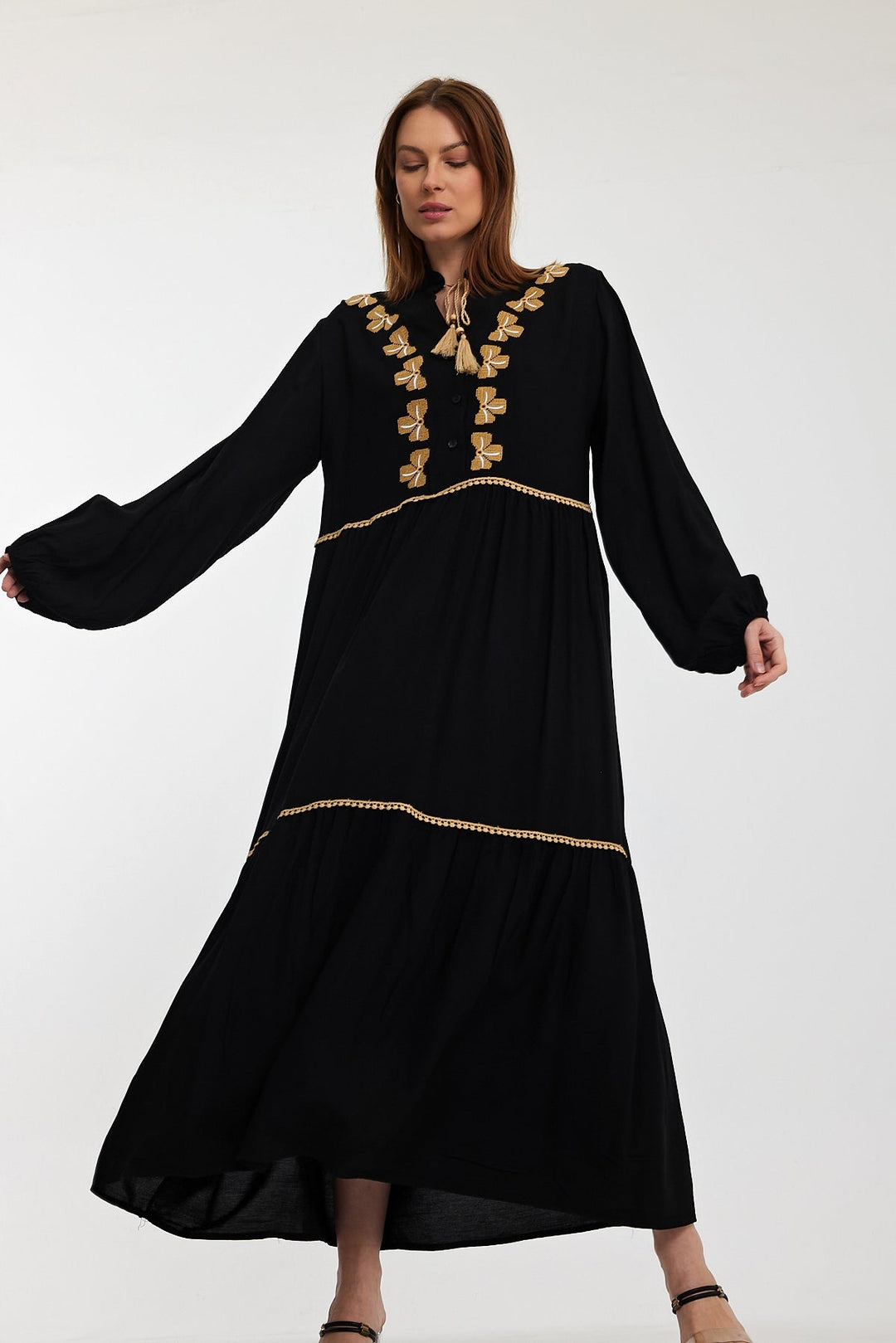 Embroidered Tiered Maxi Dress with Tassel Detail in Black