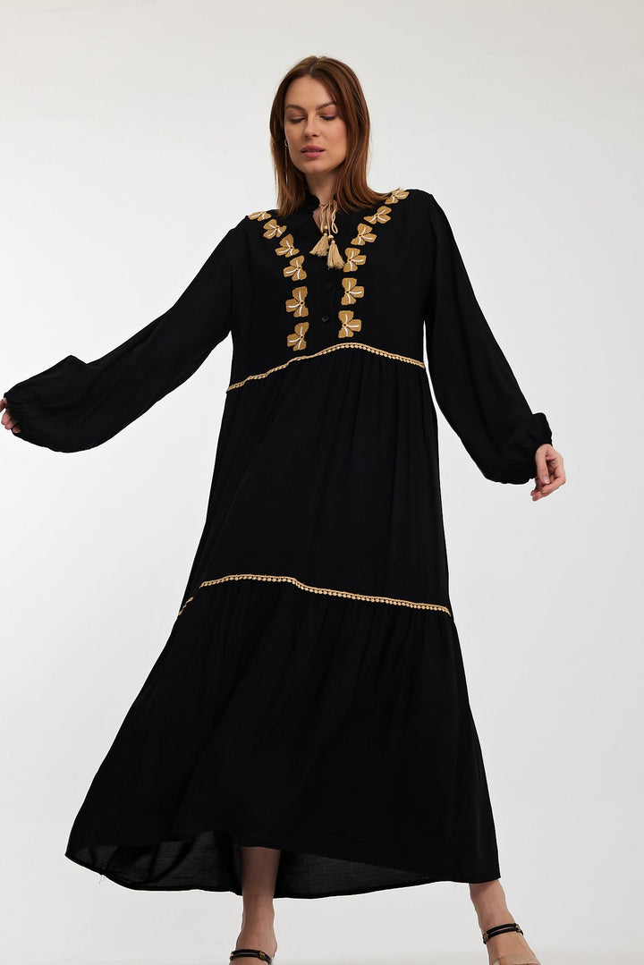 Embroidered Tiered Maxi Dress with Tassel Detail in Black