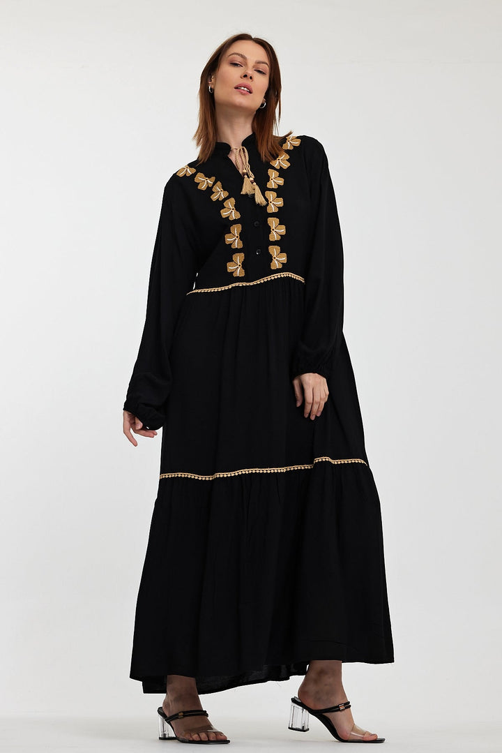 Embroidered Tiered Maxi Dress with Tassel Detail in Black