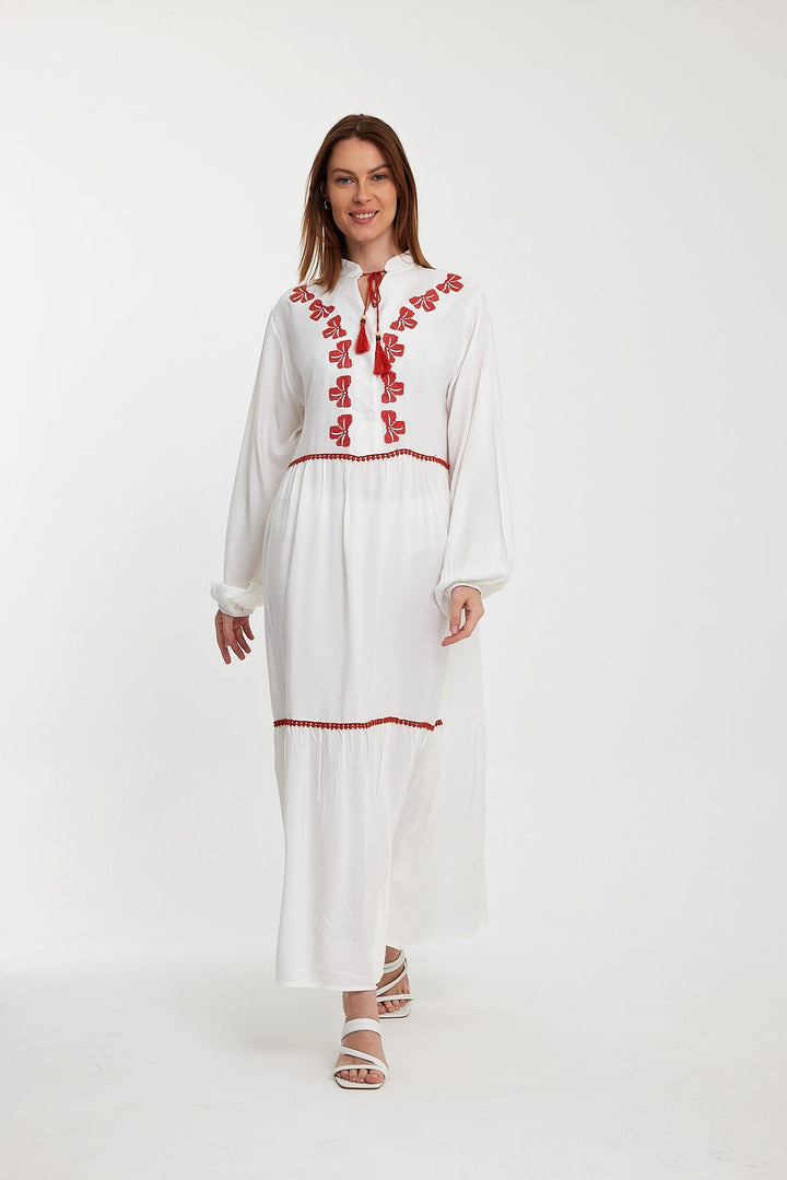 Embroidered Tiered Maxi Dress with Tassel Detail in White