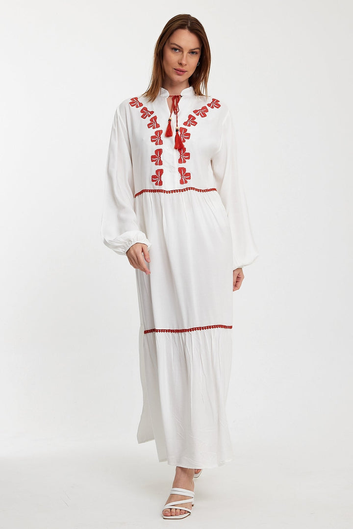 Embroidered Tiered Maxi Dress with Tassel Detail in White