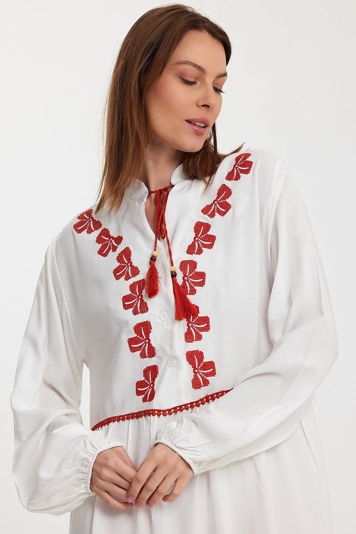 Embroidered Tiered Maxi Dress with Tassel Detail in White