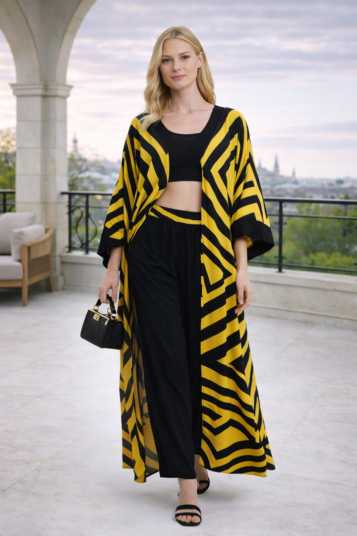 Geometric Print Maxi Trousers & Long Kimono Set in Yellow