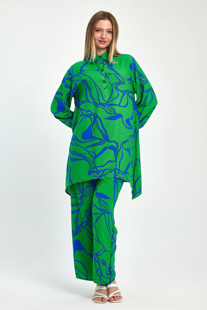 Abstract Print Longline Shirt & Wide Leg Co Ord Set in Green