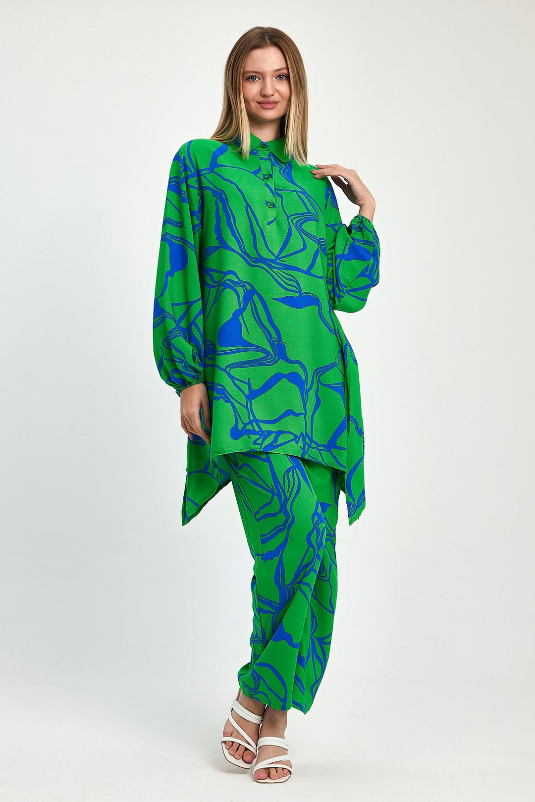 Abstract Print Longline Shirt & Wide Leg Co Ord Set in Green