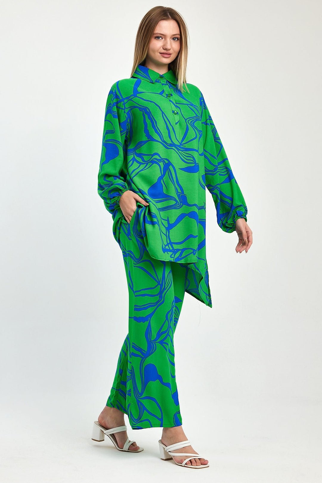 Abstract Print Longline Shirt & Wide Leg Co Ord Set in Green