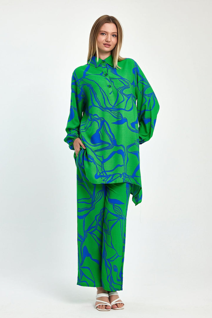 Abstract Print Longline Shirt & Wide Leg Co Ord Set in Green