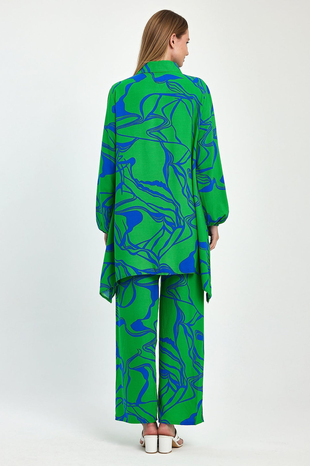 Abstract Print Longline Shirt & Wide Leg Co Ord Set in Green