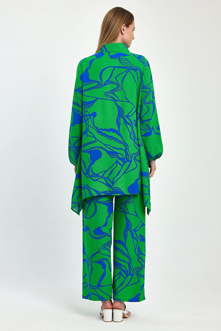 Abstract Print Longline Shirt & Wide Leg Co Ord Set in Green