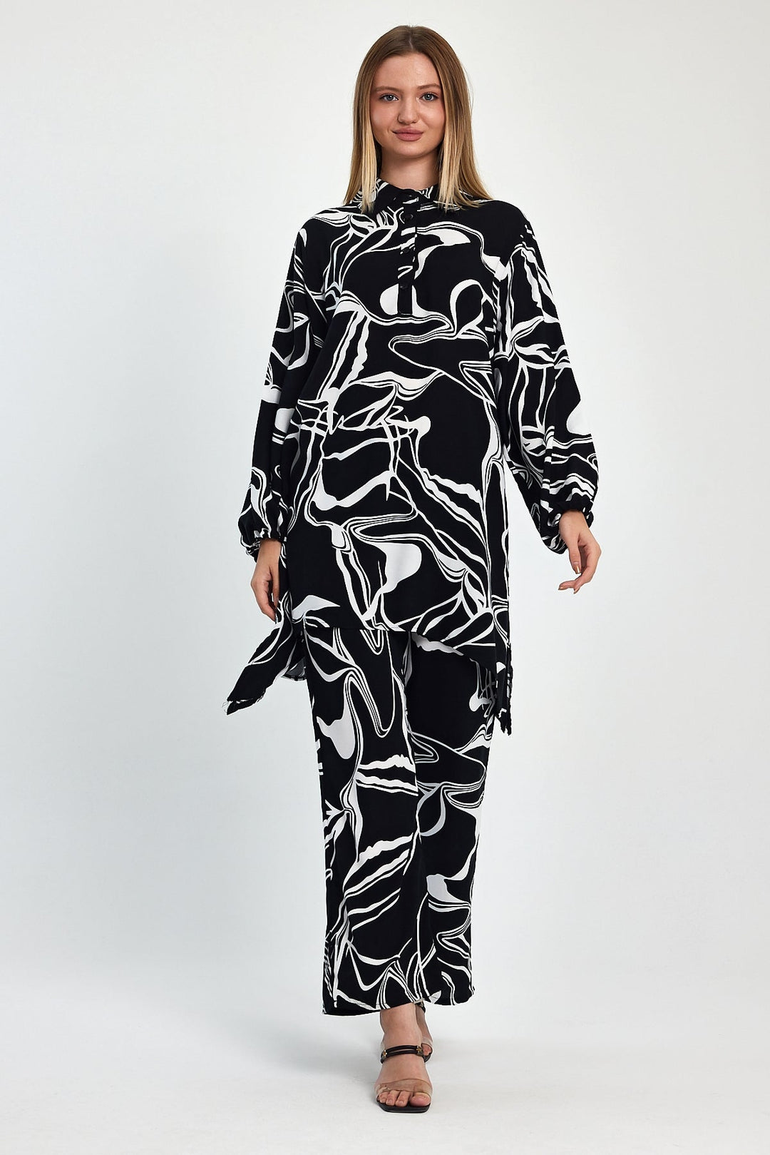 Abstract Print Longline Shirt & Wide Leg Co Ord Set in Black
