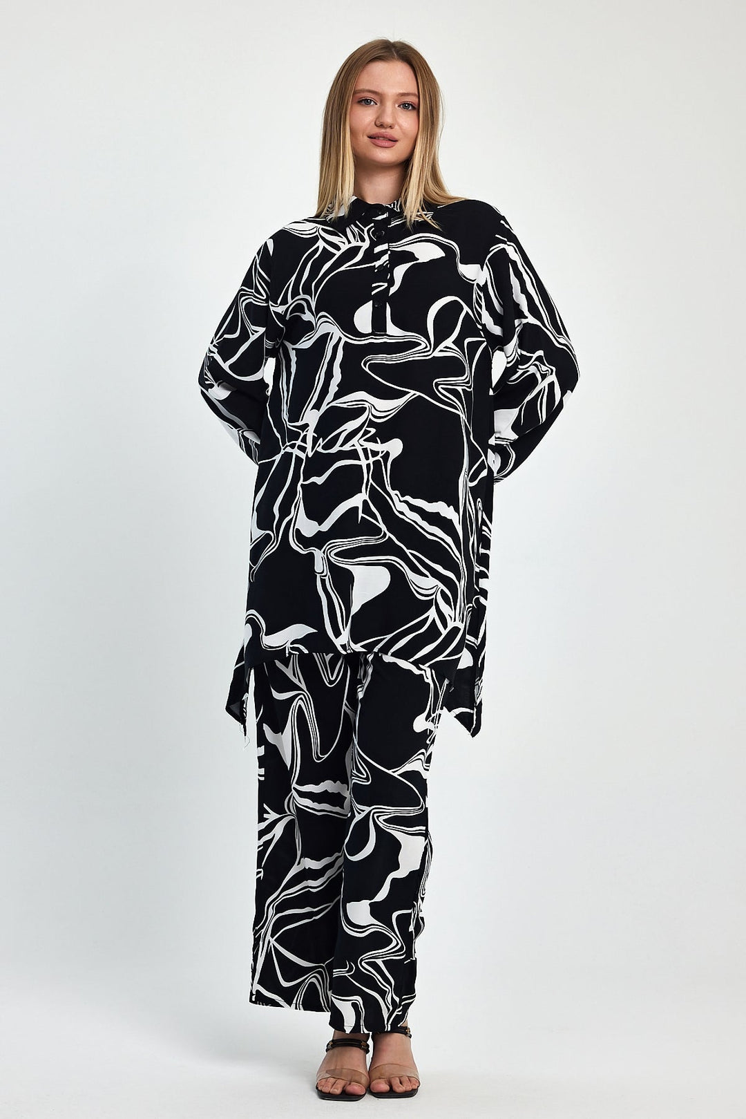 Abstract Print Longline Shirt & Wide Leg Co Ord Set in Black