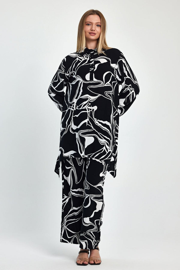 Abstract Print Longline Shirt & Wide Leg Co Ord Set in Black