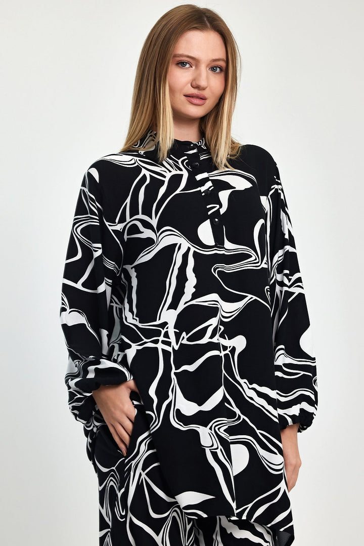 Abstract Print Longline Shirt & Wide Leg Co Ord Set in Black