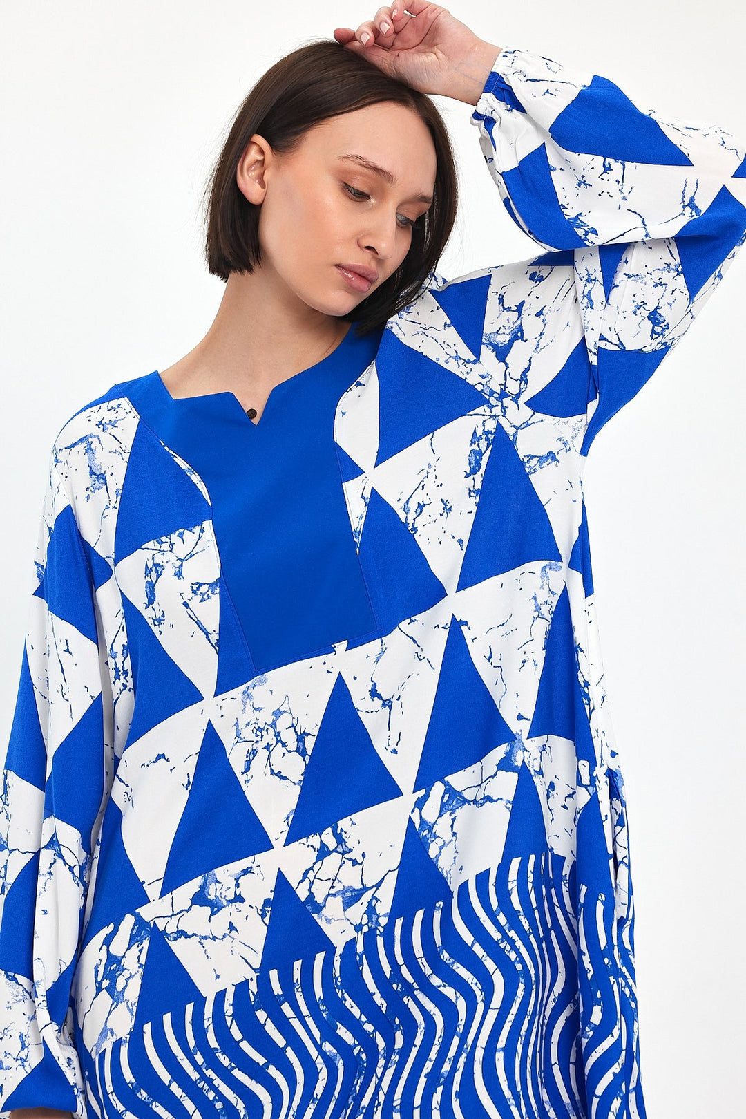 Abstract Print Maxi Dress with Long Sleeves in Blue