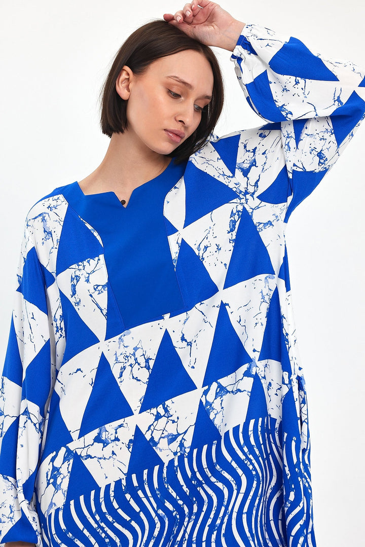 Abstract Print Maxi Dress with Long Sleeves in Blue