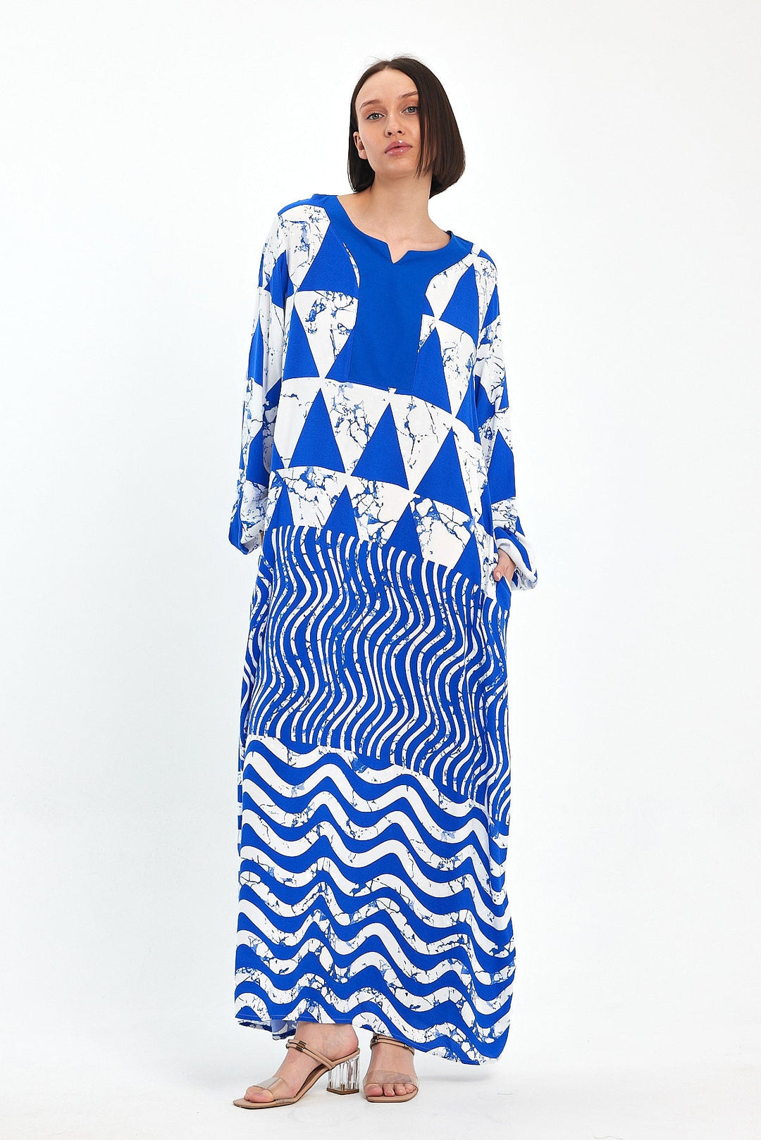 Abstract Print Maxi Dress with Long Sleeves in Blue
