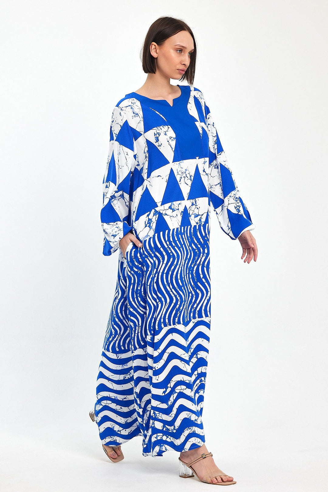 Abstract Print Maxi Dress with Long Sleeves in Blue