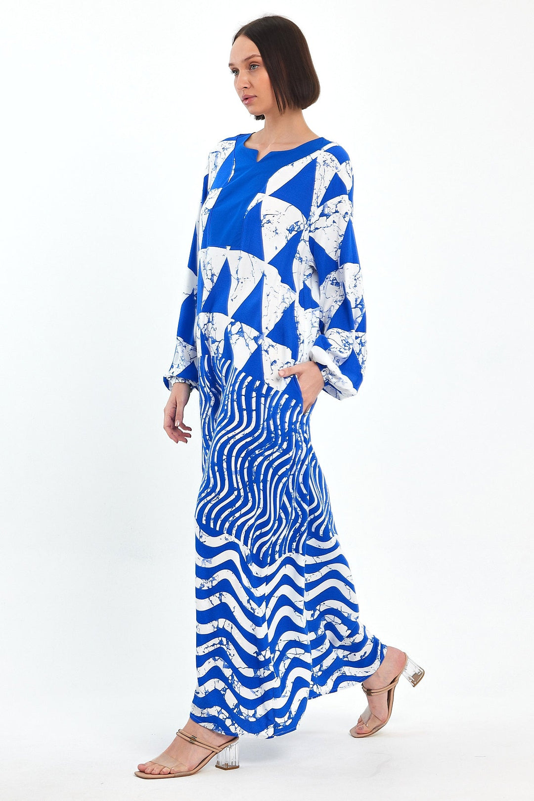 Abstract Print Maxi Dress with Long Sleeves in Blue