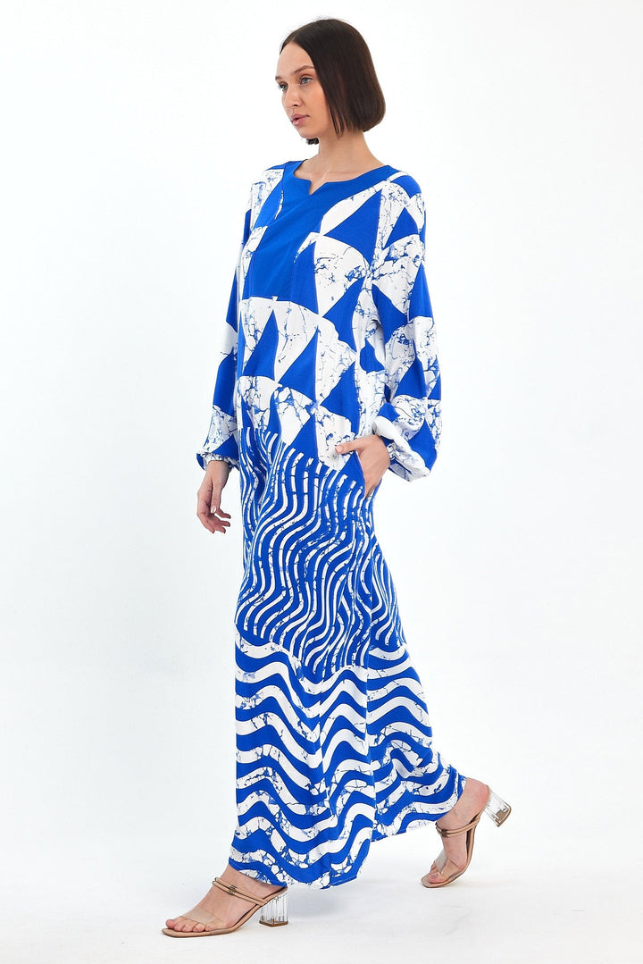 Abstract Print Maxi Dress with Long Sleeves in Blue