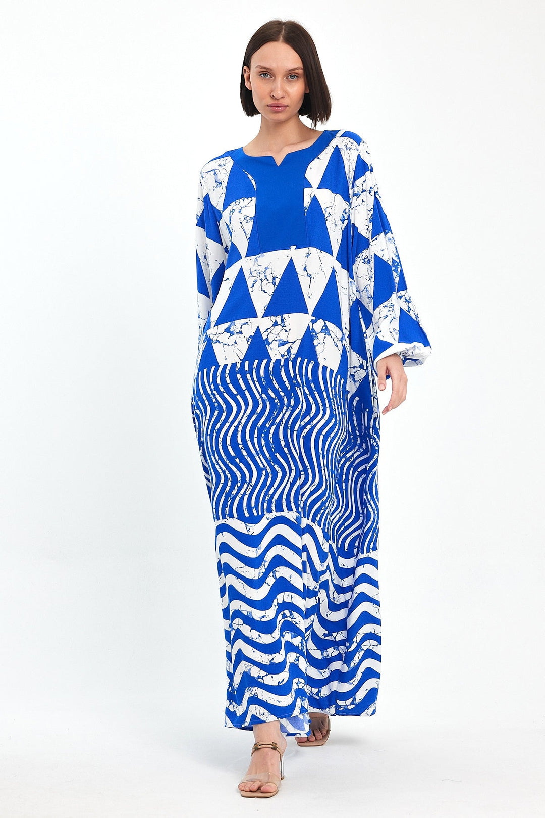 Abstract Print Maxi Dress with Long Sleeves in Blue
